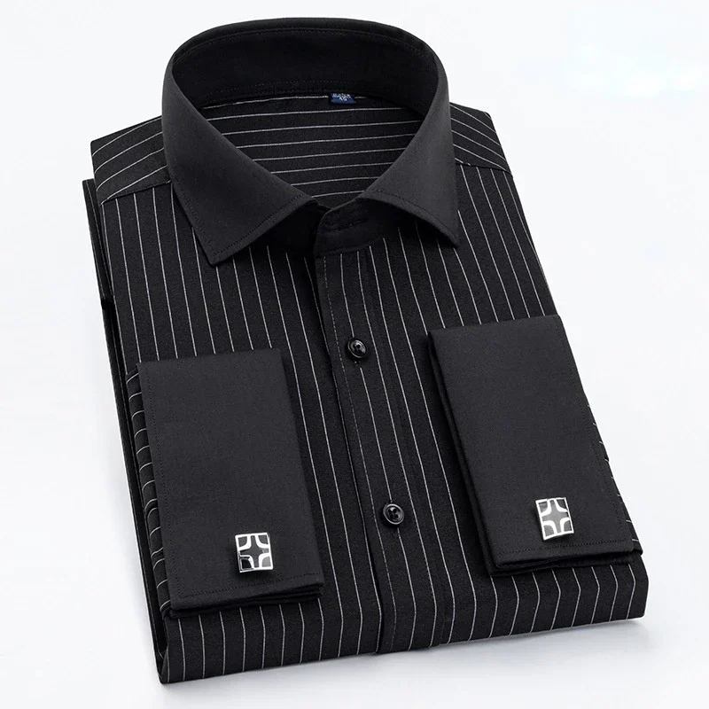 Men French Cufflinks Shirt High Quality Hidden Button Men's Long Sleeve Casual Slim Fit Cuff Dress Shirts (Cufflinks Included)