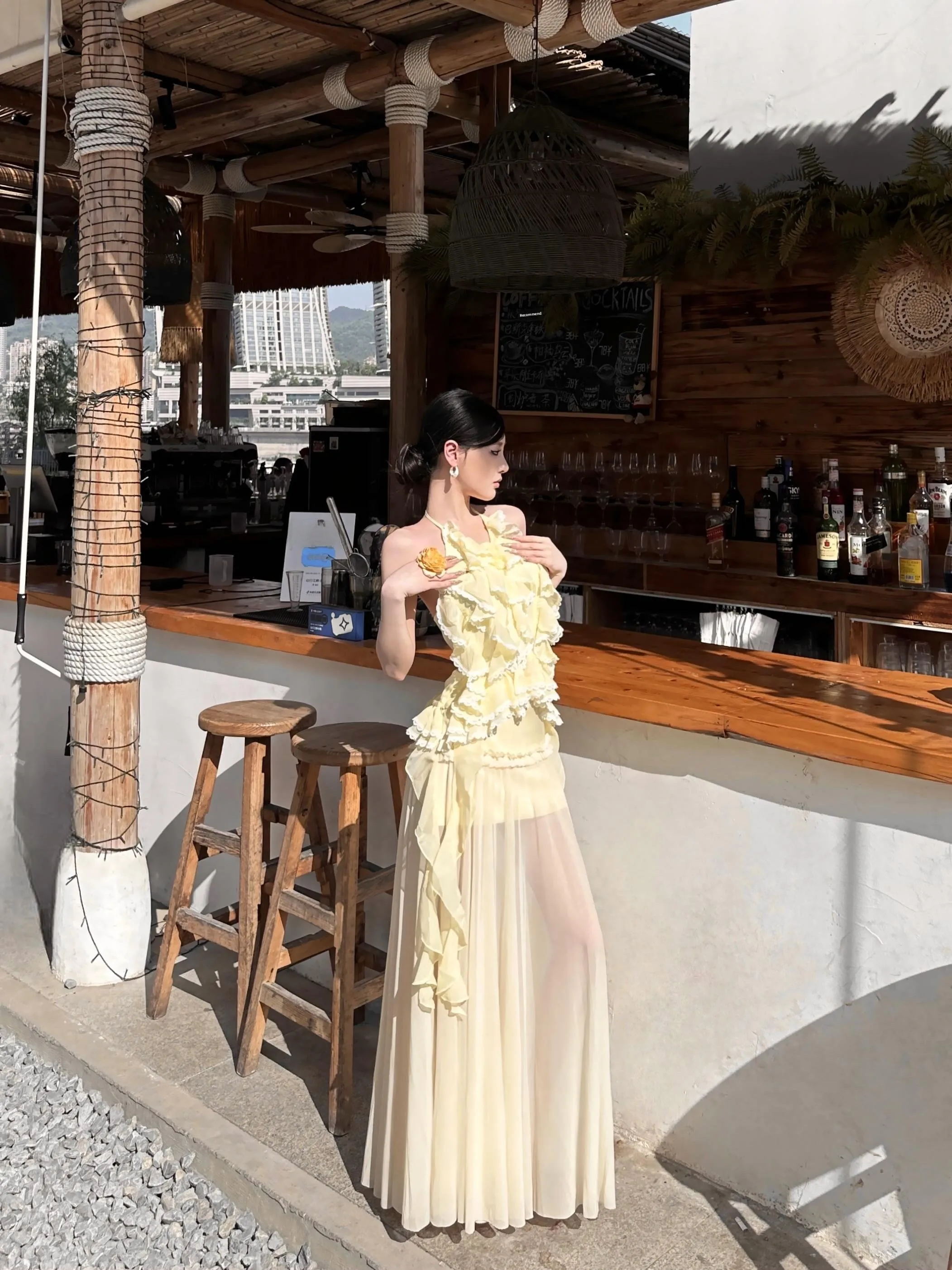 

Summer Beautiful Beachwear Chiffon ter Svel Top And Midi Skirt Set round Ne ort Sve Polyester Two-piece Set