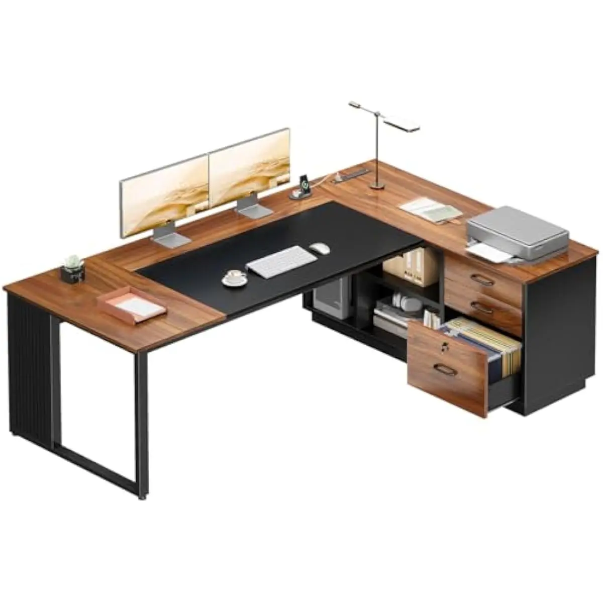 L Shaped Executive Desk 71 Inch Walnut Finish Modern Workspace with Built In USB AC Outlets Spacious Dual Surface Storage Drawer