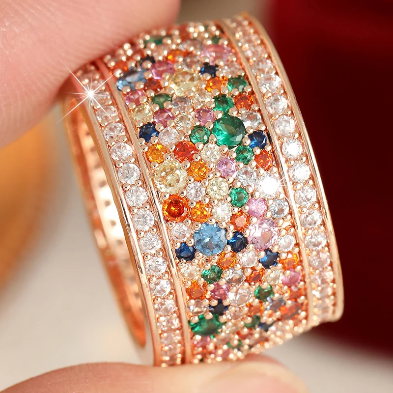 Edler, mehrfarbig eingelegter CZ-Damenring, trendige goldene Farbe, geometrisches Design, für den täglichen Gebrauch, Partyschmuck, Jubiläumsgeschenk