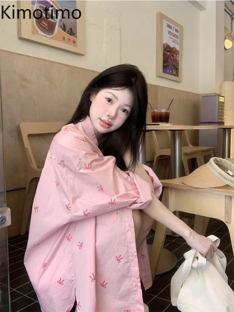 Kimotimo Pink Bow Print Long Sleeve Lapel Shirt Women 2024 Autumn New Sweet Loose Mid Length Cardigan Tops Korean Casual Blouse