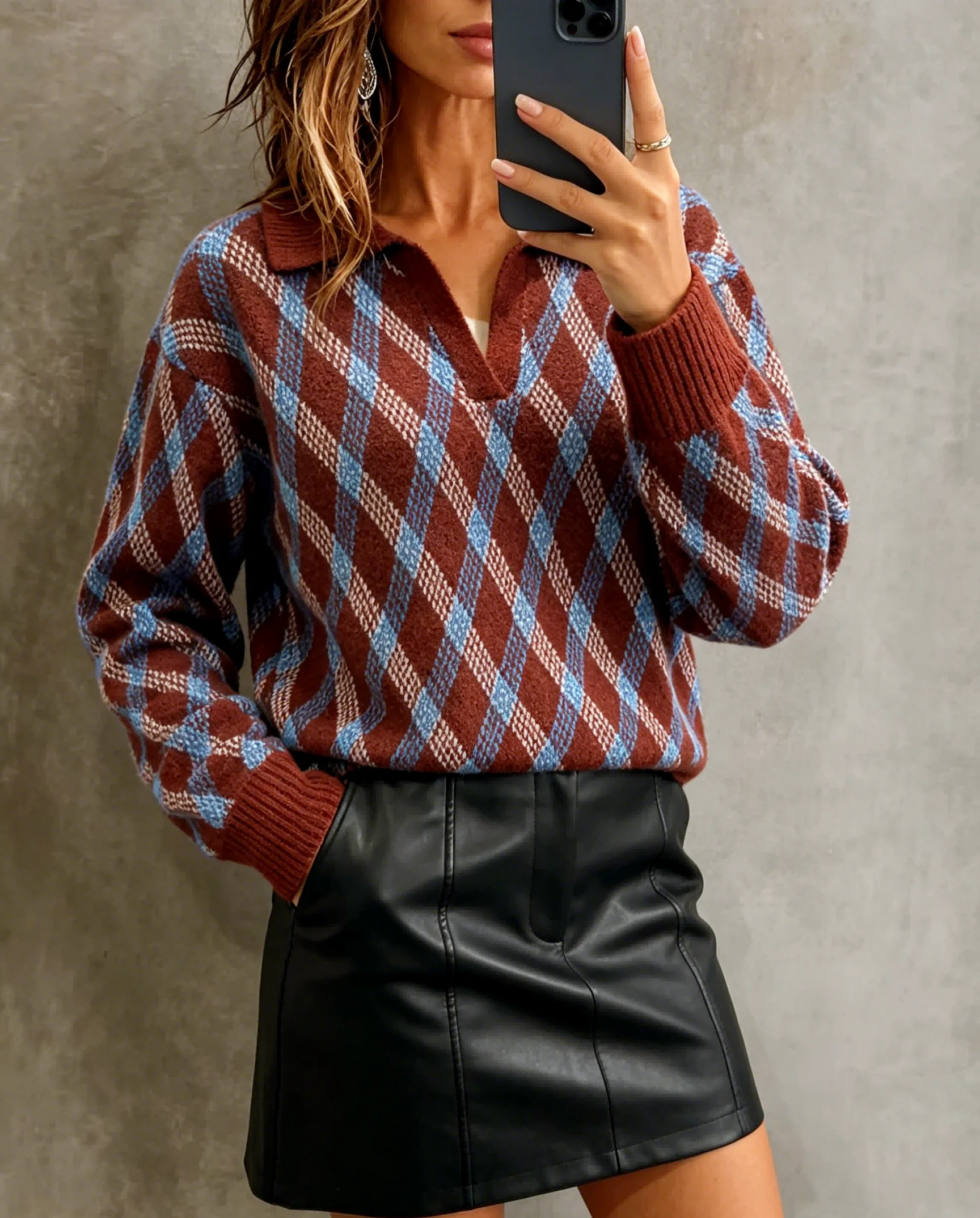 Übergrößen Argyle Karierter Pullover für Damen, Polo V-Ausschnitt, Langarm, Preppy Vintage Strickpullover, Locker Geschnitten, Lässig, Herbst-Winter-Oberteil – Detail 3