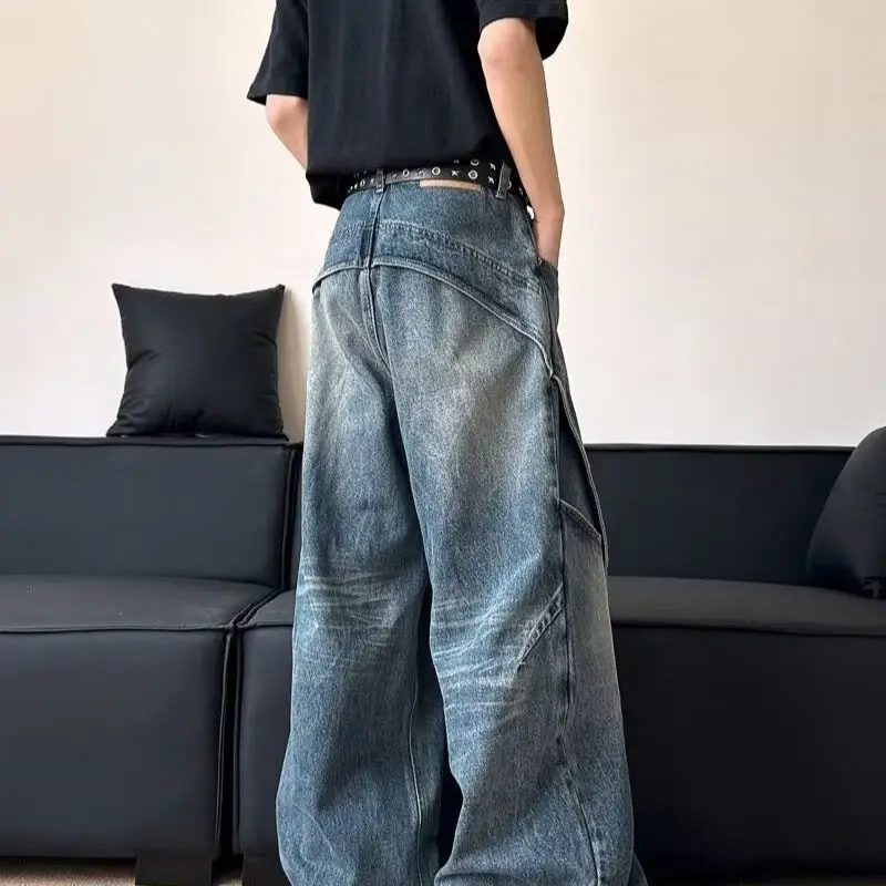 American wash deconstruction scimitar jeans men and women design sense youth straight loose wide leg floor pants
