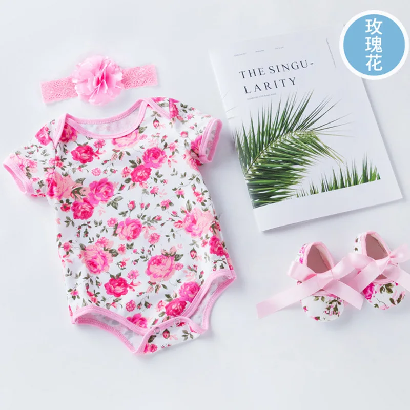 2023 Newborn baby jumpsuit 3PCS baby girl clothing summer fashion rose print dress+shoes+headscarf baby girl clothing set