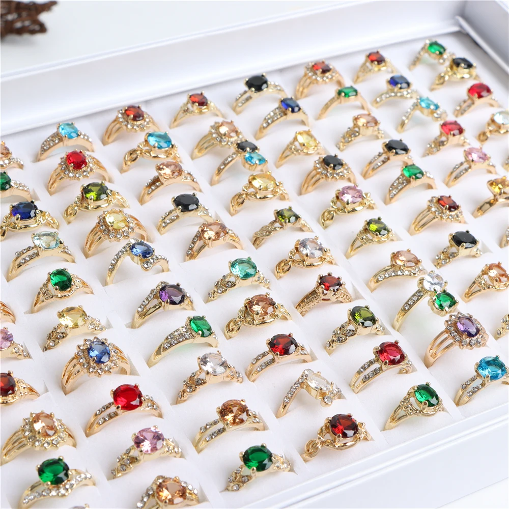 Wholesale 20/30/36/50/100Pcs/Lot Fashion Colorful Shiny Zircon Rings For Women Mix Style Color Wedding Jewelry