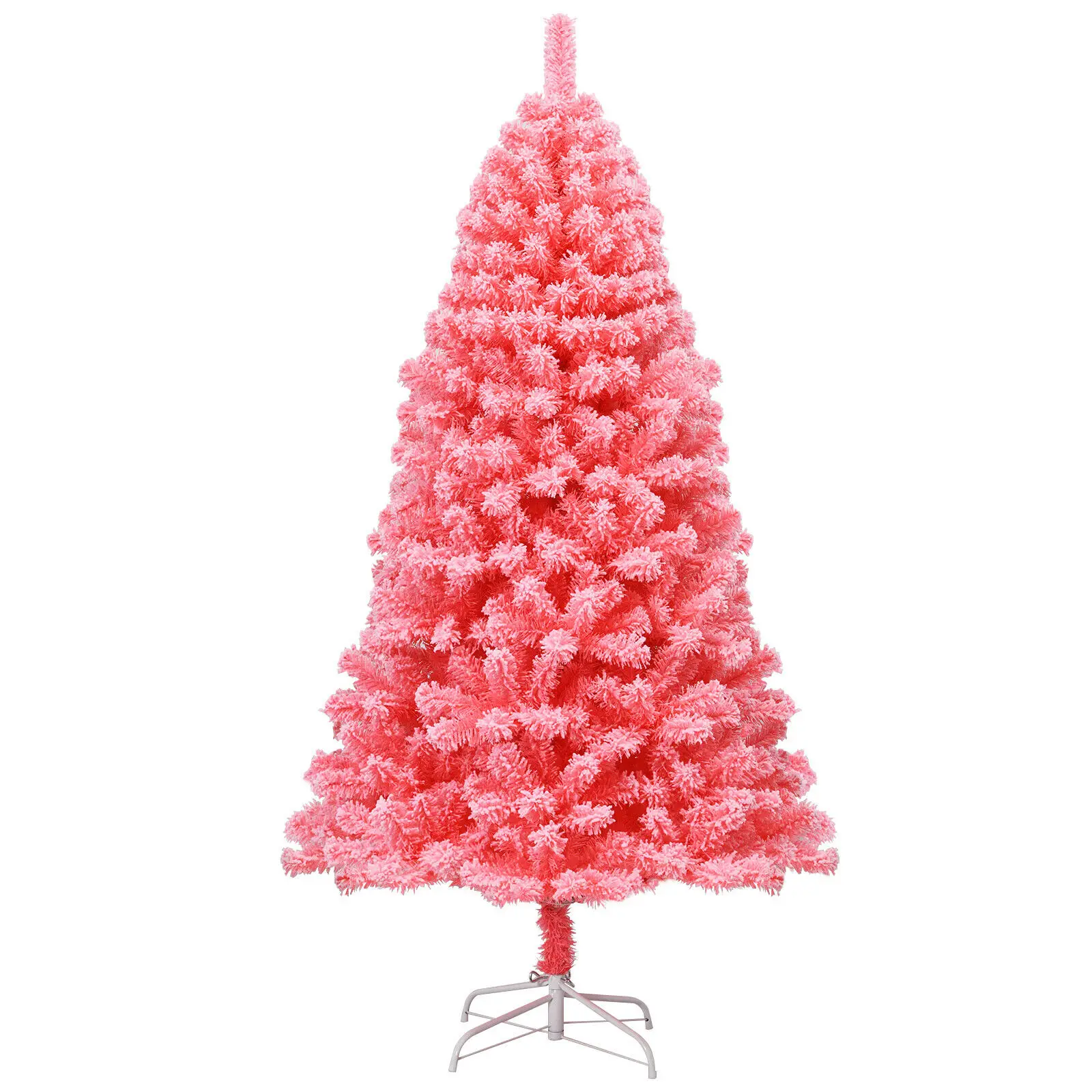 Costway 4.5ft/6.5ft/7.5ft  Snow Flocked Hinged Artificial Christmas Tree w/ Metal Stand Pink