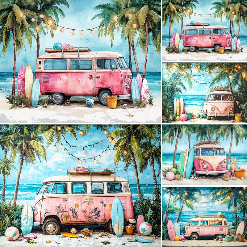 

LS Photography Background Pink Bus Summer Beach Surfing Board Backdrop Decoration Boy Girl Holiday Portrait Studio Props