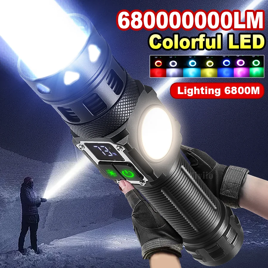 

Сверхмощный светодиодный фонарь 2026 года, 68000000 лм, перезаряжаемый, высокомощный, яркий свет, тактический фонарь 6800 м, цветные светодиоды