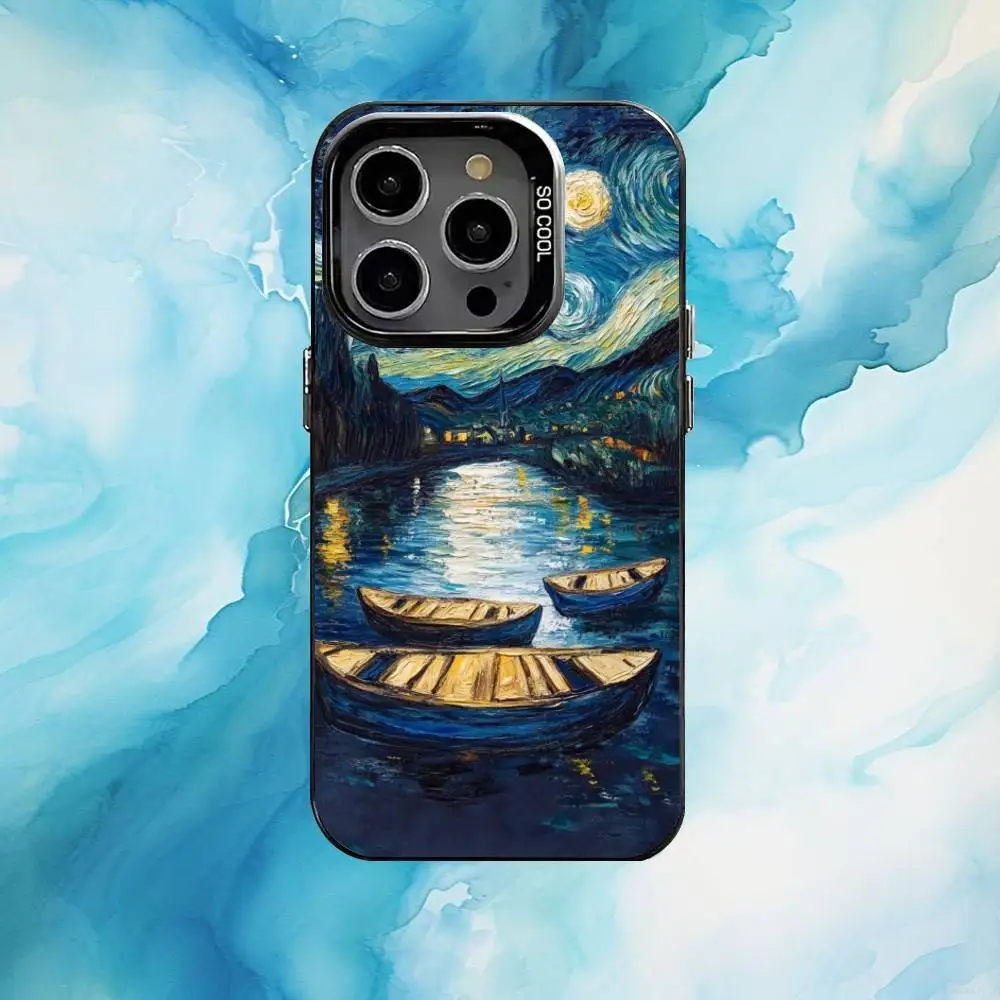 حافظة هاتف Van Gogh The Starry Night لهاتف iPhone17,16,15,14,13,12,11 Plus، Pro Max غطاء مقاوم للصدمات من الحلوى السوداء غير اللامعة