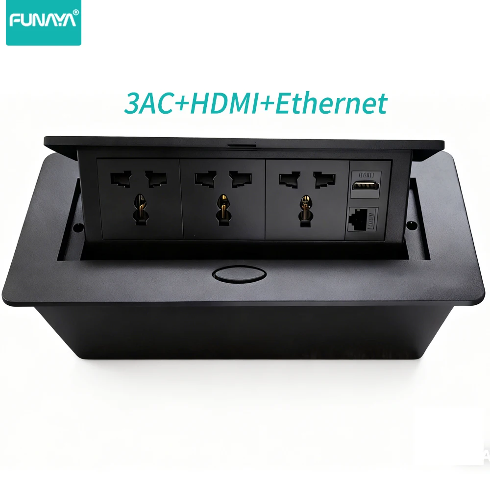 Universal Pop Up Hidden Socket 13A 3500W with USB 5V 2.1A Ethernet Outlets RJ45 HDMI Ports Black Desktop Office Power Sockets