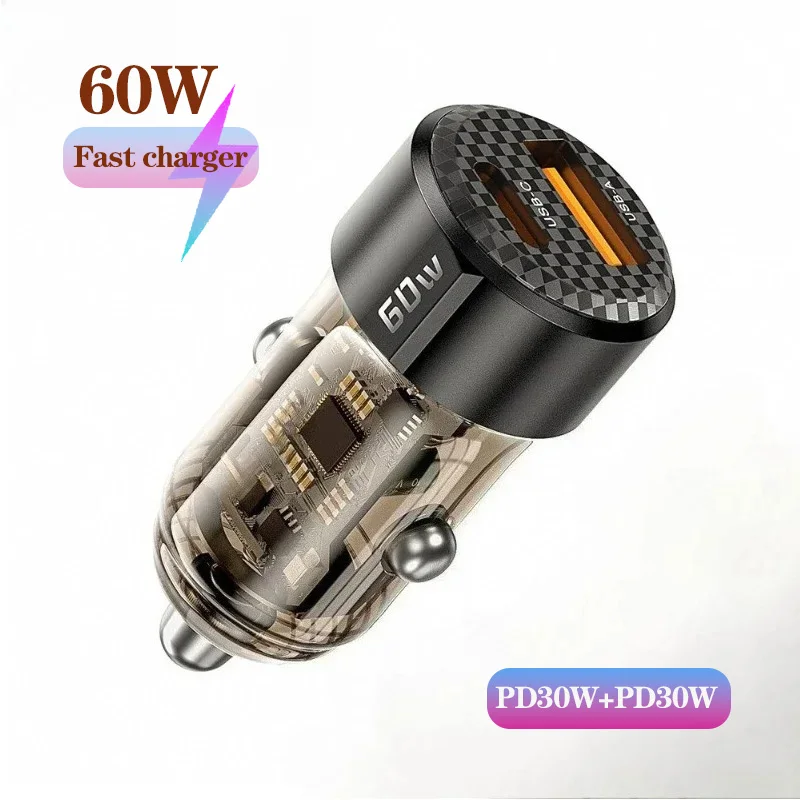 

Mechanical-Style Transparent Design MAX 60W 2 Port Car Cigarette Lighter Charger with PD30W QC3.0 Super Fast Charging for phones