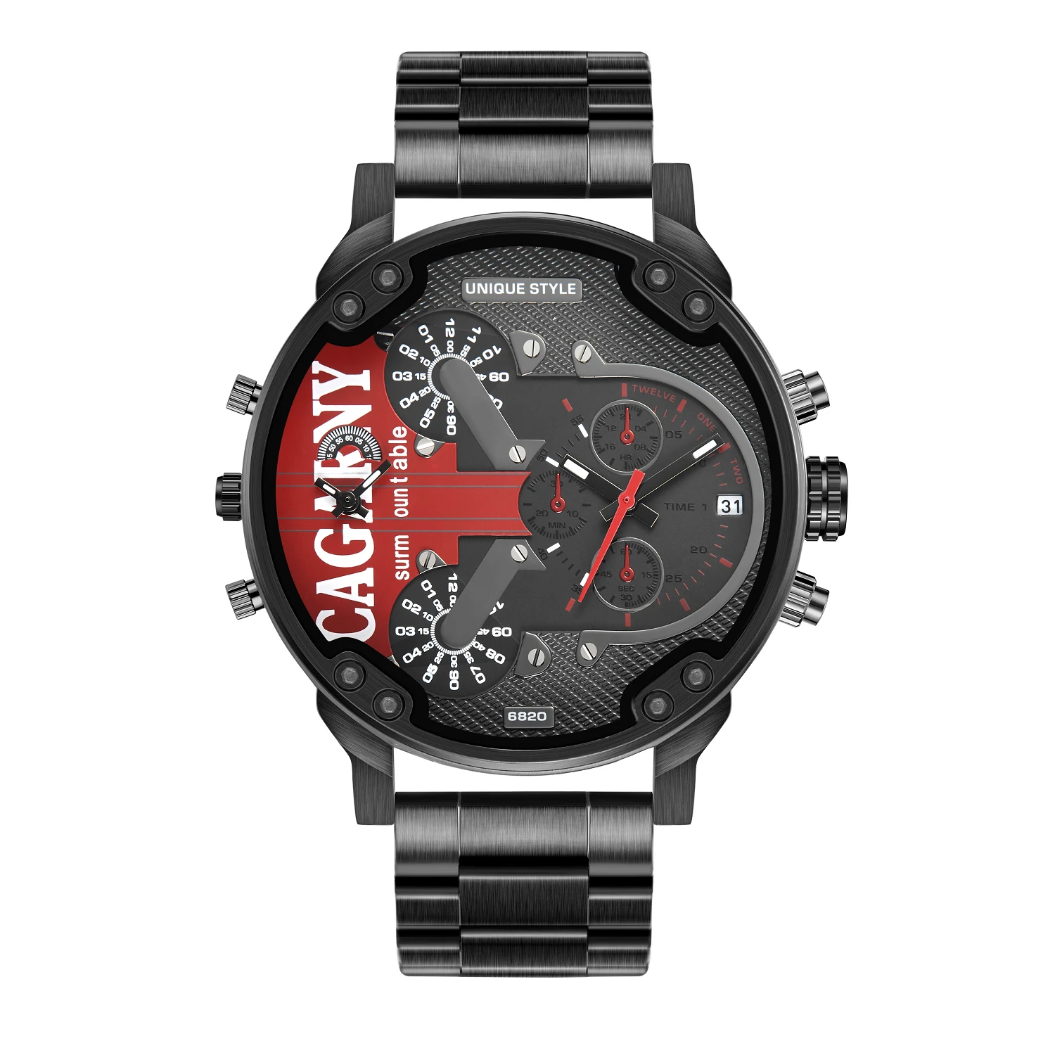 CAGARNY Brand 6820 Man\'s Large dial Casual Fashion Quartz Wrist watch Waterproof dual time zone Stainless Steel Watches for Men