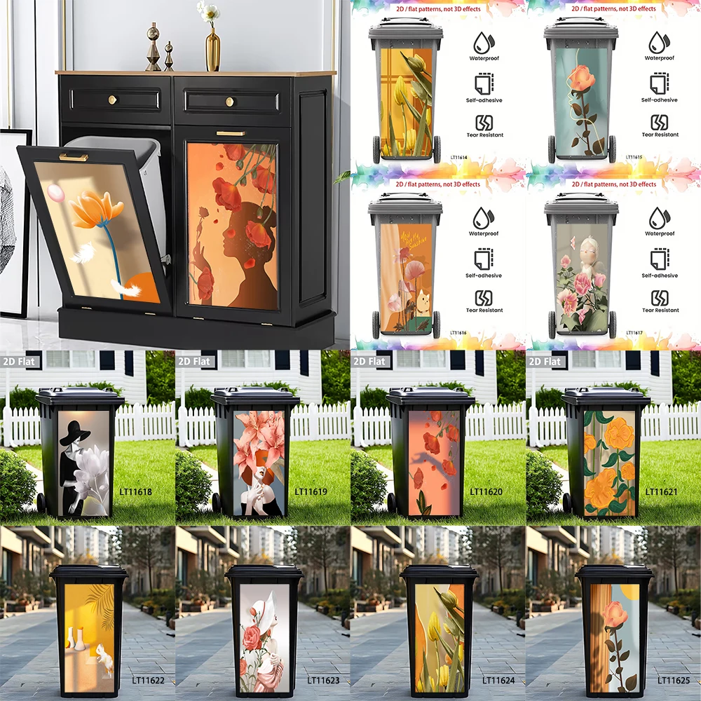 

Sunflower Garden Trash Can Sticker, Bright Floral Design Waterproof Removable Outdoor Wheeled Garbage Bin Decor