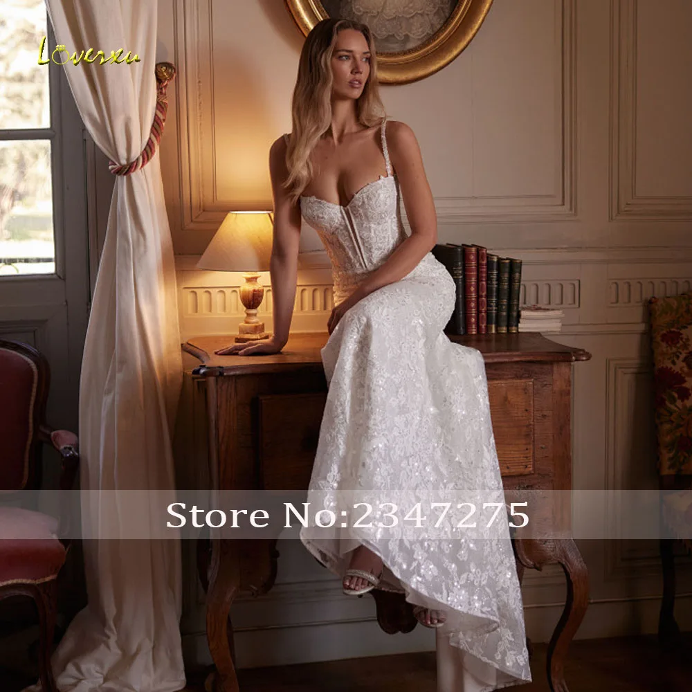 Loverxu sirena vestidos De Novia Sexy tirantes espagueti Vestido De Novia encaje bordado con chaqueta vestidos De Novia hechos a medida