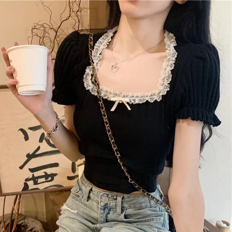 Black T-shirts Women Puff Sleeve Slim Chic Summer Aesthetic Lace Designed Vintage Crop Tops Leisure Elegant Lady Daily All-match