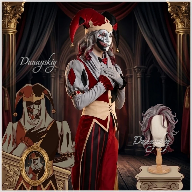 Mittelalterliches Harlekin-Kostüm Jestyn Narr Cosplay-Outfit Königreich der Marionetten Cosplay Horror-Clown-Uniform Hose Maske Hut Halloween