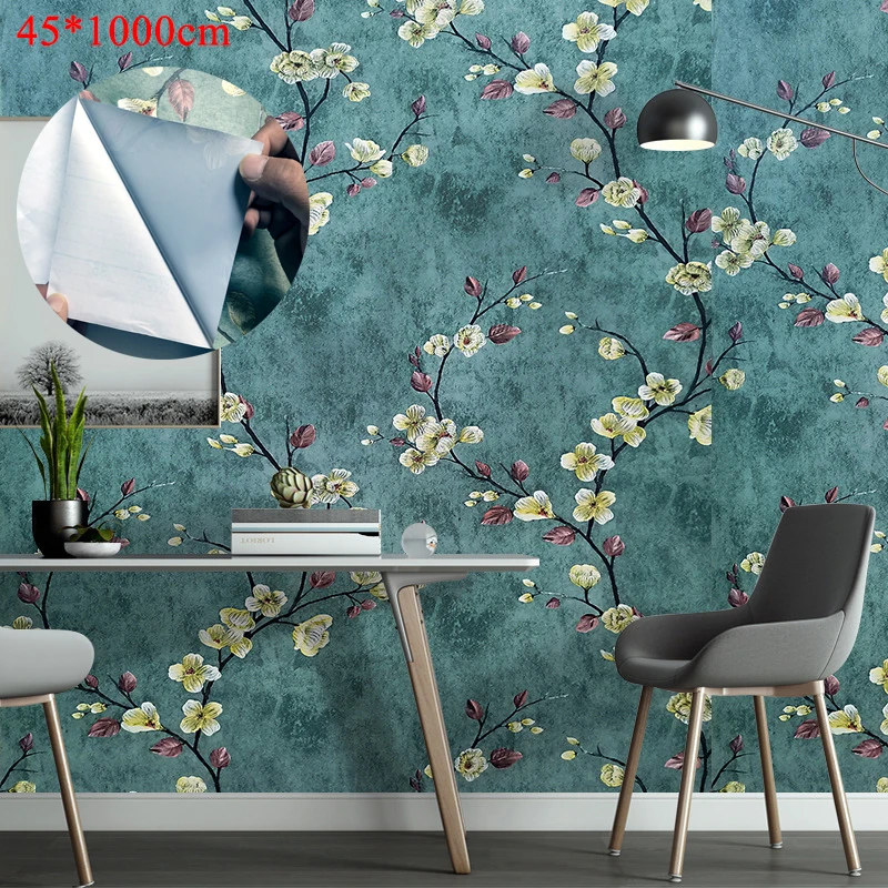 Vintage Flowers Instant Stickers PVC Background Wall Self-adhesive Wallpaper 45*1000cm