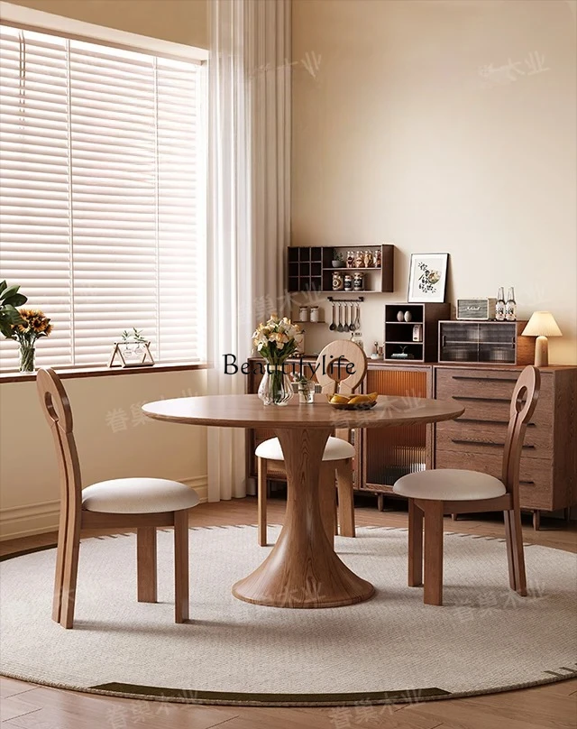 Ash wood walnut small round table solid wood dining table household small apartment round dining table
