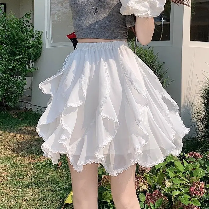 

Japan Irregular Lace Fluffy Skirt For Women Summer High-Waisted A-Line Skirt Cake Umbrella Skirt