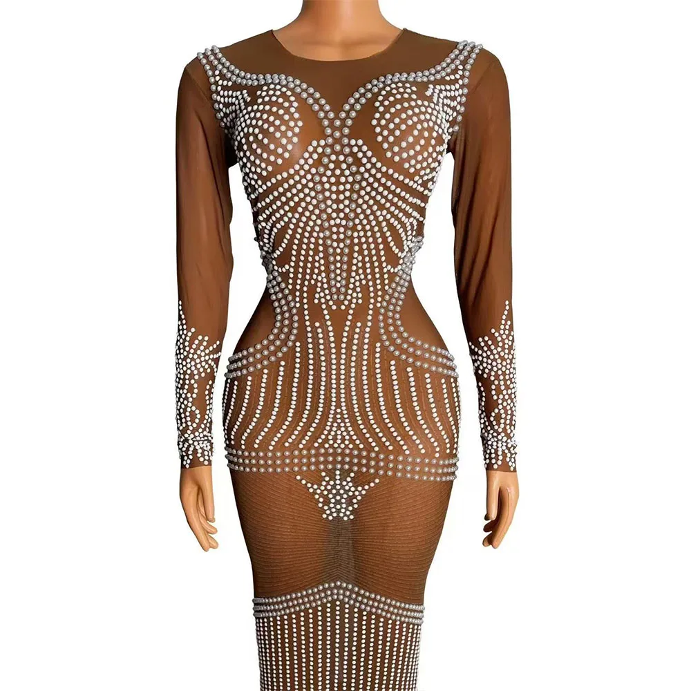 

Luxurious Pearls Crystal Long Dress Women Wedding Birthday Celebrate Party Sexy Dress Photoshoot Singer Stage Catwalk Costume