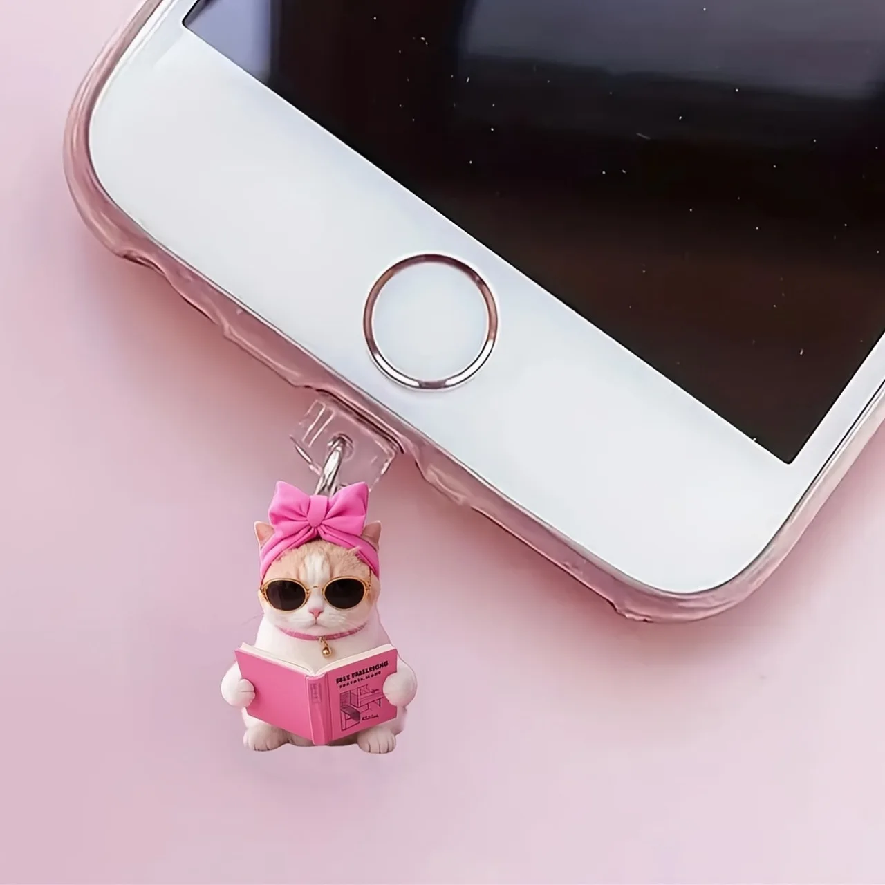 

Pink Acrylic Dust Plug Cute A lovely kitten reading a book Iphone Dust Plug Exquisite Suitable IPhone/Type-C Android connector