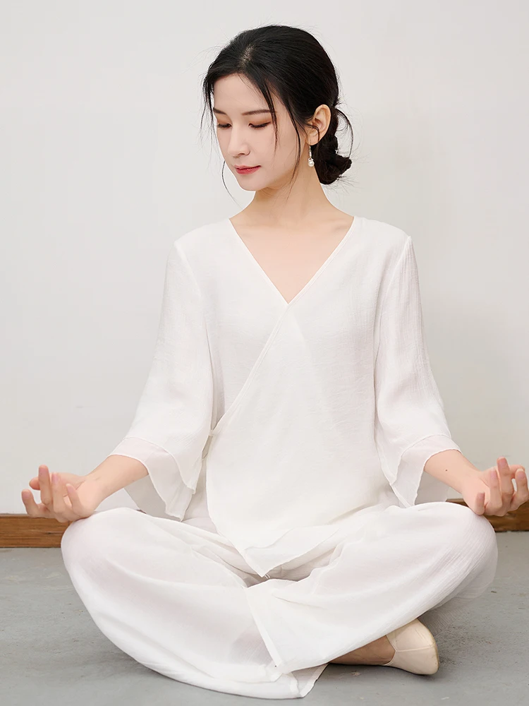 

Chinese Sle Zen Yoga Clothes Cotton Linen Loose White Meditation Tea Ceremony Set Women's Faionable Breathable Casual Outfit