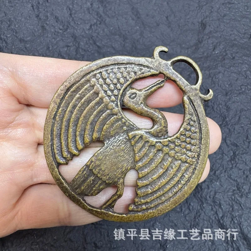 Tibetan- brass hollowed-out crane pendant accessory, ethnic-style round tag