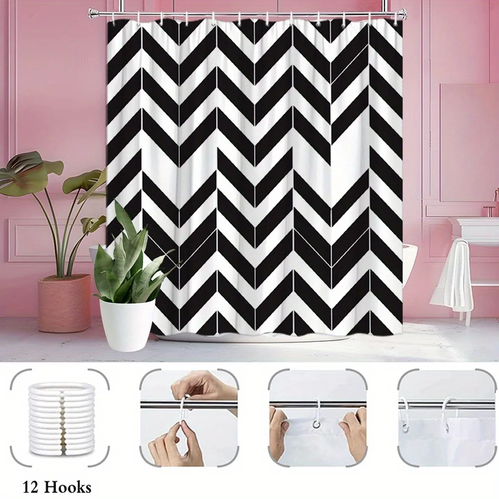 

1pc Black White Chevron Shower Curtain - Modern Geometric Bathroom Decor, Durable Polyester Fabric with 12 Hooks, 70.8x70.8 Inch