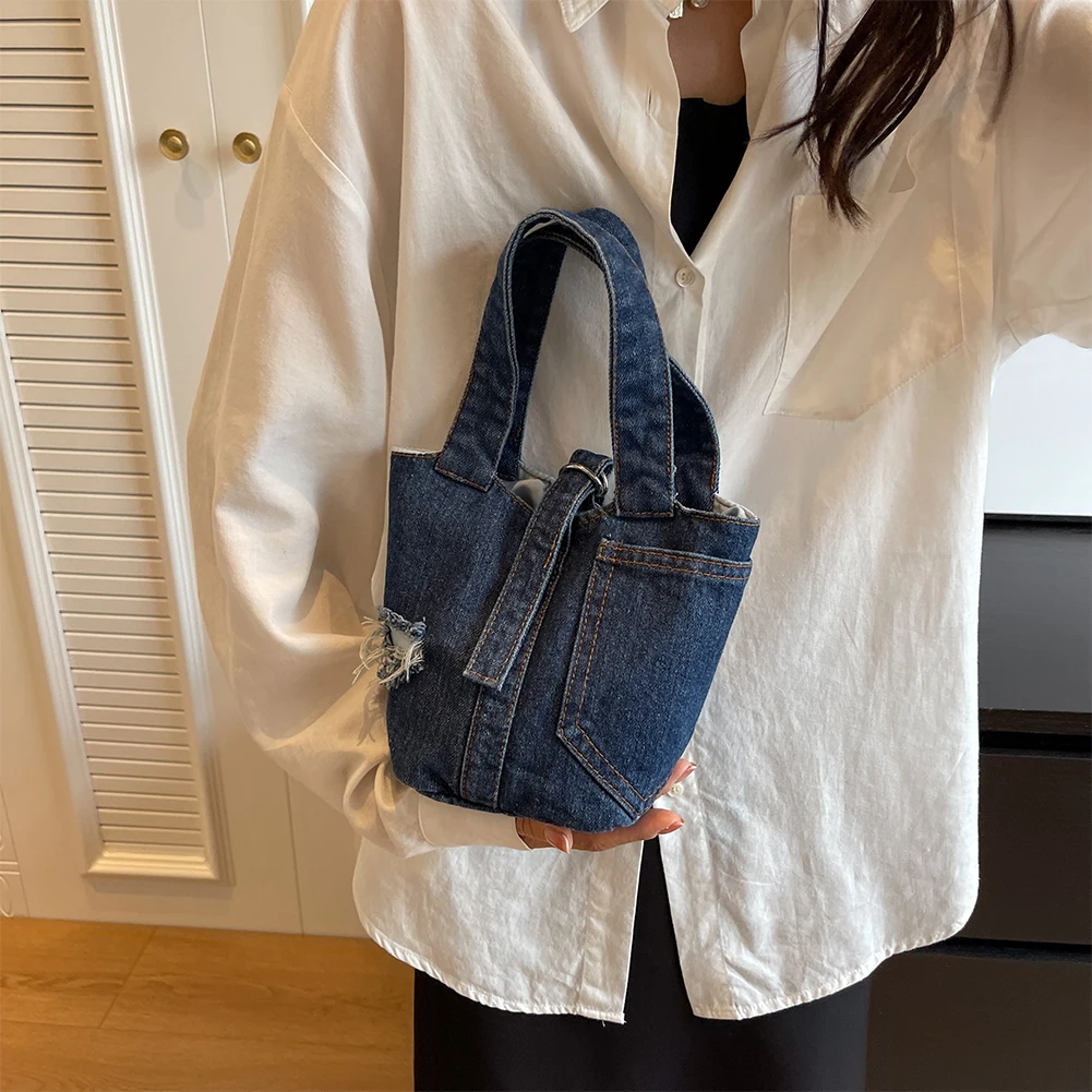 Women Street Handbag Fashion Denim Tote Bag Solid Color Handle Handbag Casual Shoulder Bag for Date Party Shopping for Women