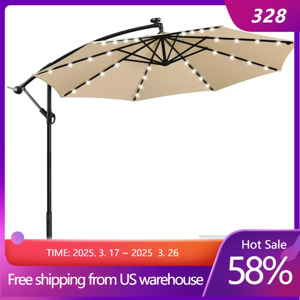 Solar Offset Umbrella with 10FT 32 LED Lights Cantilever Outdoor Umbrellas Handy Crank & Cross Base  for the Beach for Backyard