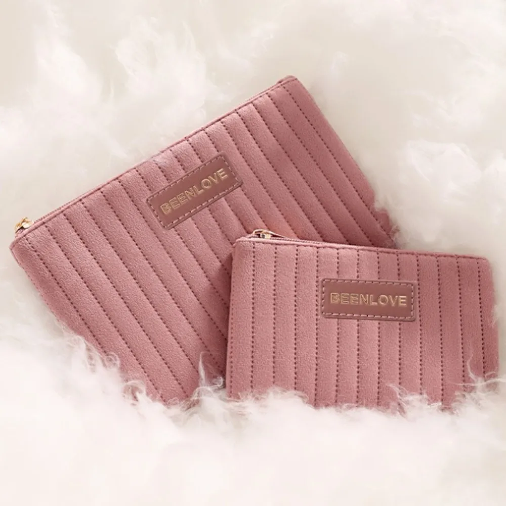 Autumn Winter Vertical Stripe Velvet Handheld Cosmetic Bag, Portable Travel Toiletry Storage Pouch, Multi-use Wallet Coin Purse