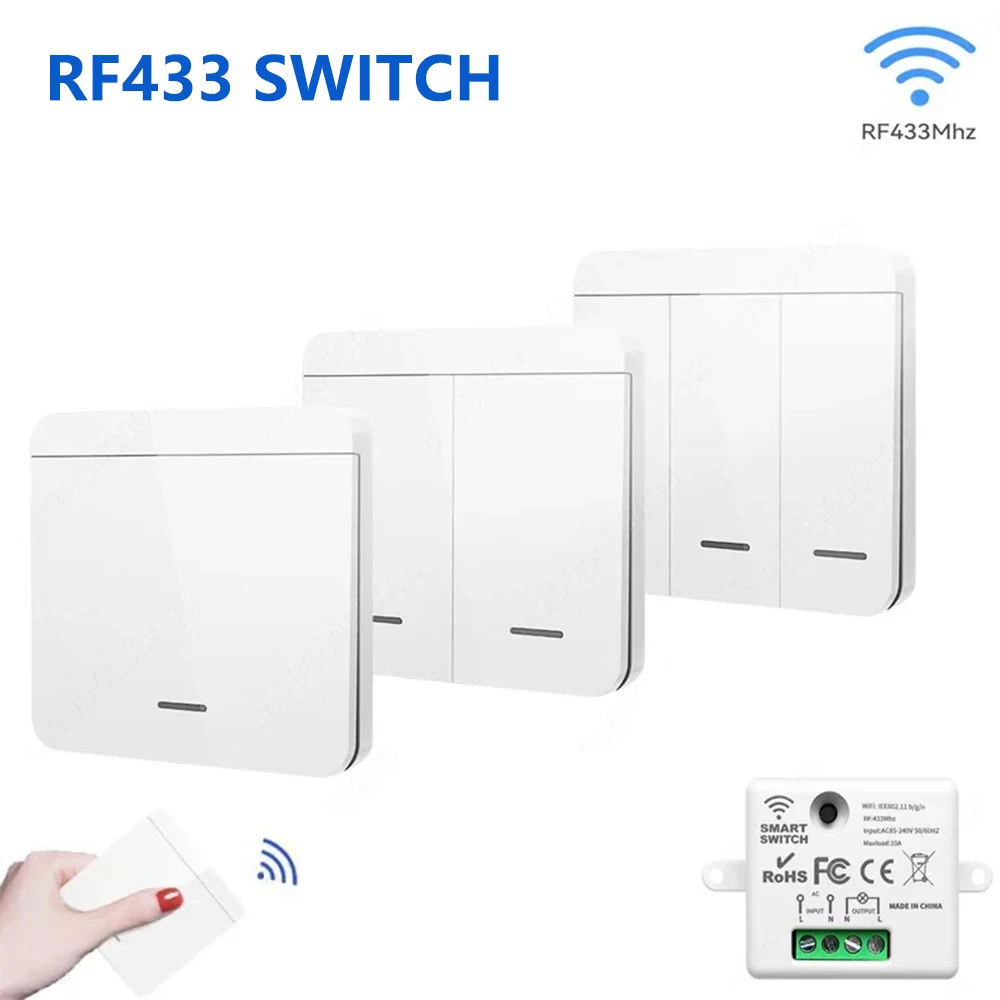 

RF433 Module Wireless ON OFF Switch Remote Control Light 1/2/3 Gang Wall Panel Switch LED Light Bulb Chandelier 10A 110V 220V