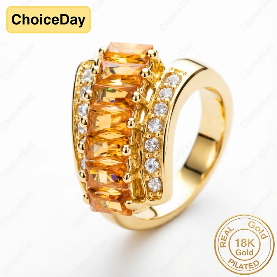 18K Gold Plated 8 Size Luxury Rectangular Yellow Zircon Ring, Stylish Women's Jewelry Gift for Weddings and Parties