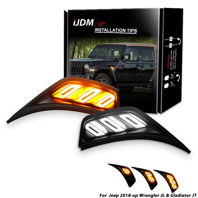 iJDMWhite/Amber Dual Color LED Illuminated Fender Side Marker Lights w/Chrome Edging For Jeep 2018-up Wrangler JL & Gladiator JT 