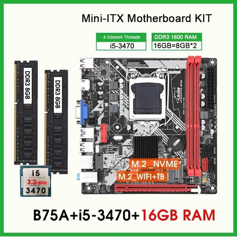 New! B75 placa mae lga 1155 kit i5 3470 processor 2*8GB=16G DDR3 1600MHz Desktop RAM Support WIFI NVME M.2 mini itx motherboard