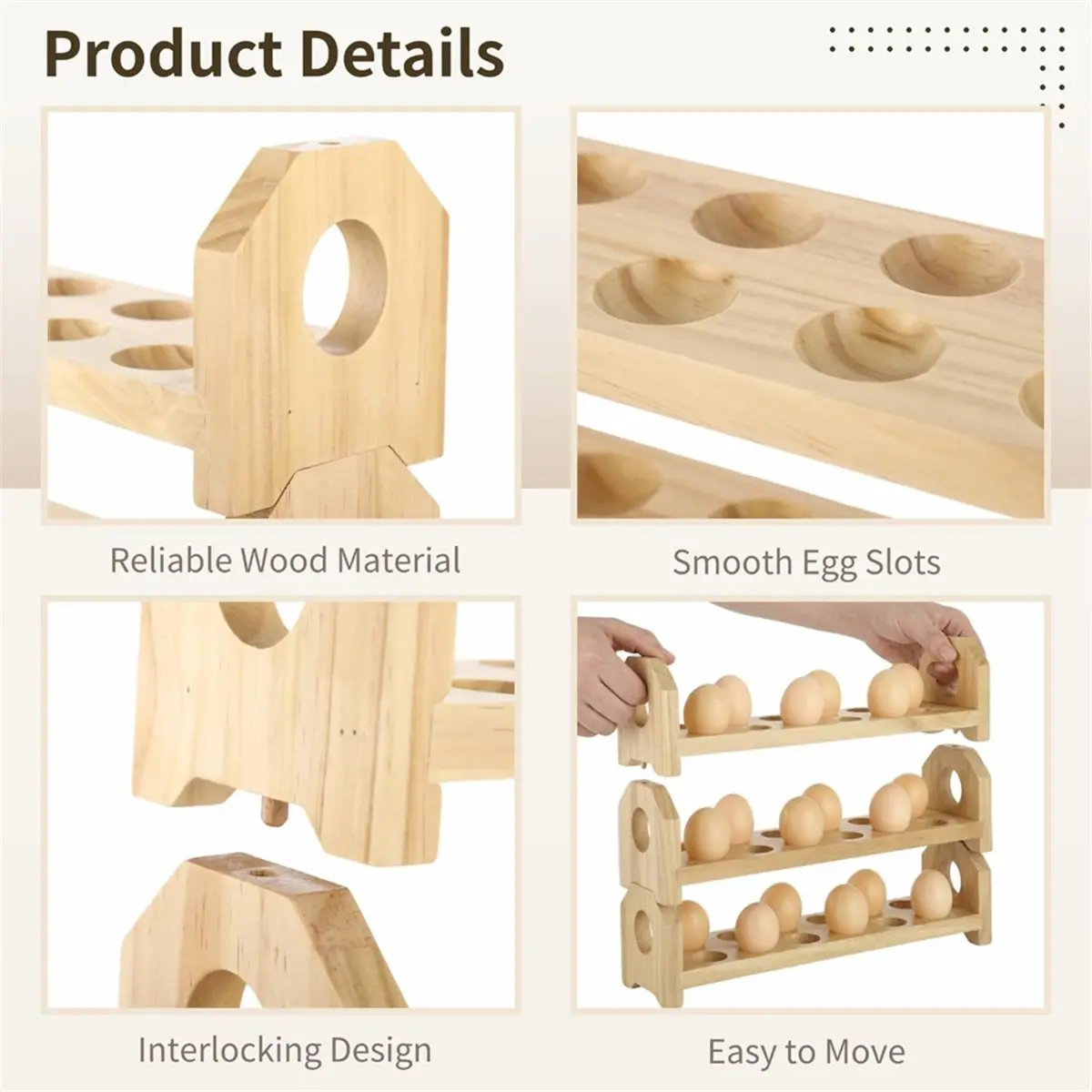 Wooden Egg Holder for Countertop, 3-Tier Stackable Design, Holds 36 Eggs, Ideal for Kitchen Organization