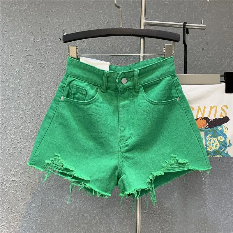 

Candy colored Hong Kong style retro high waisted shorts women summer slim and ripped with rough edges wide leg denim shorts