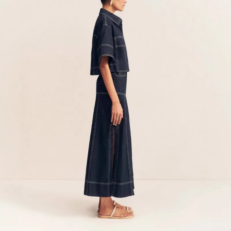 Set Dua Potong Wanita Atasan Kancing Kerah Lengan Pendek + Rok Maxi Pinggang Tinggi Setelan Pakaian Musim Panas Pakaian Denim Kasual Wanita