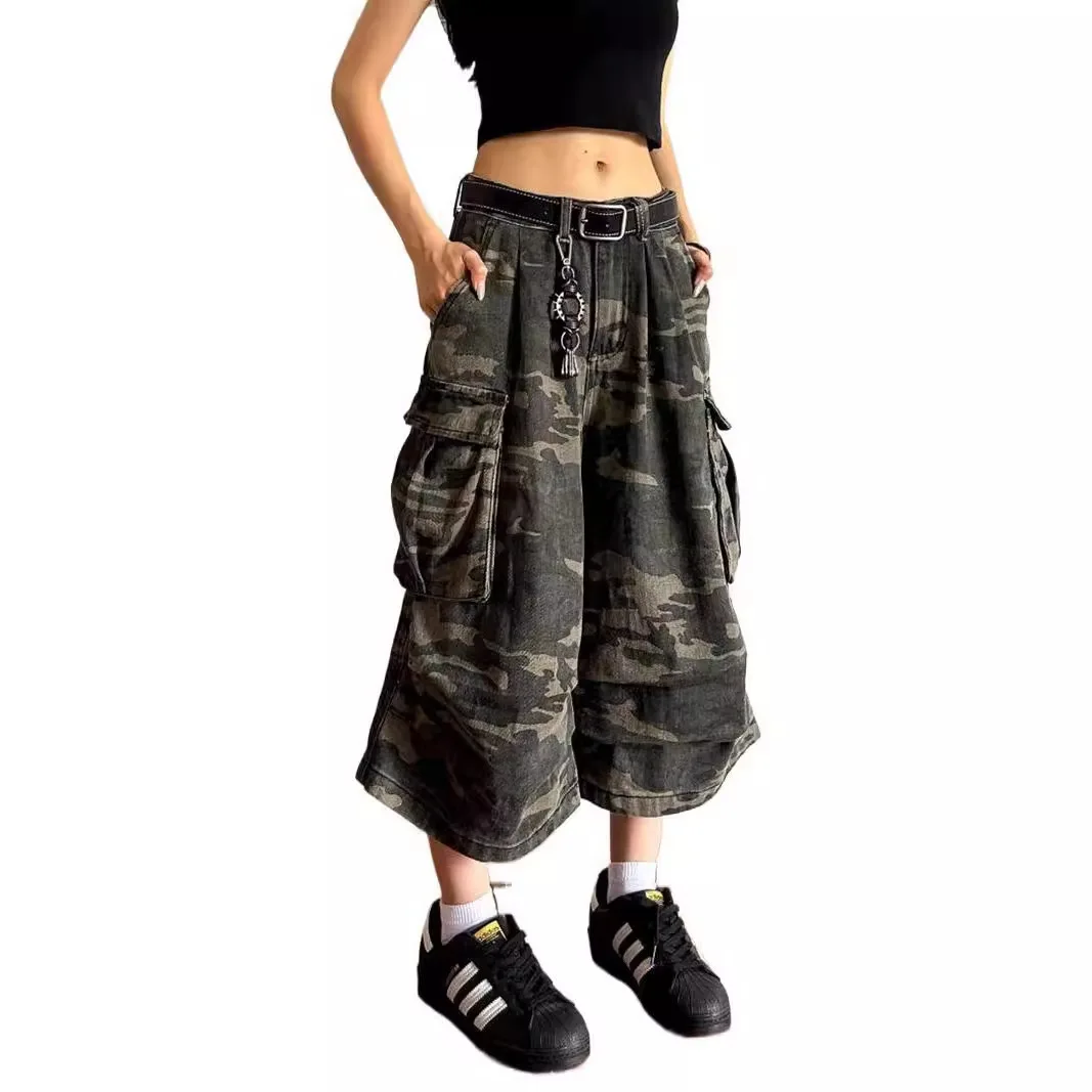 Unisex jeans bijgesneden broek 2025, retro noodlijdende cargobroek, unisex camouflage denim stijl, rechte crop broek met wijde pijpen