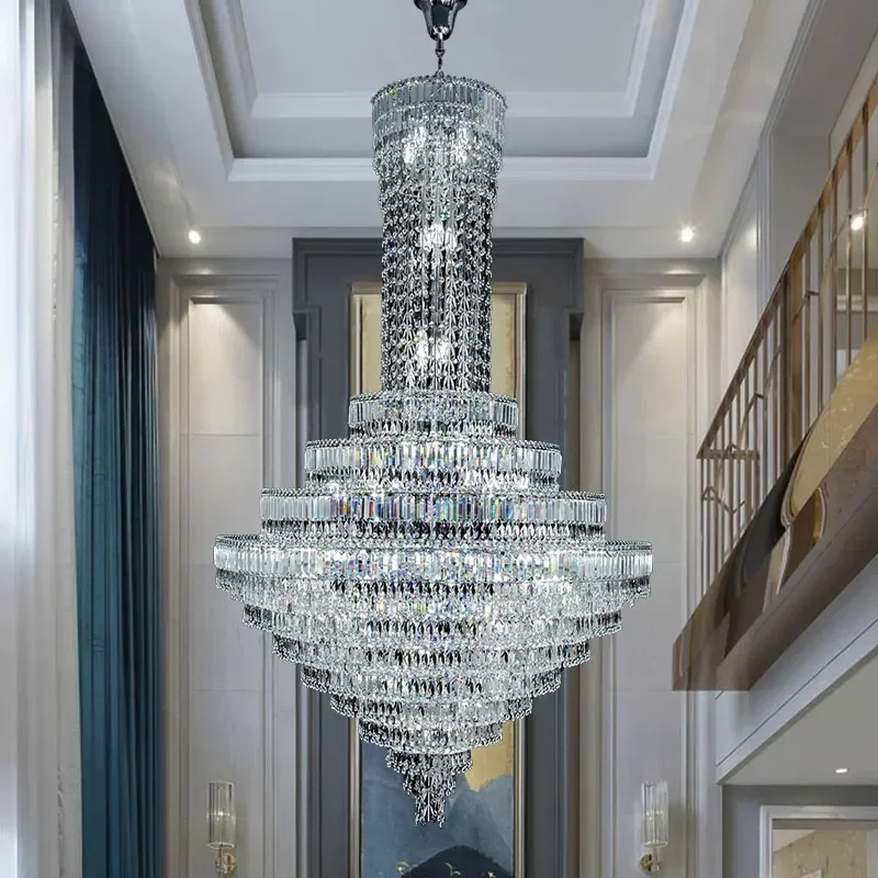 Luxury Long Crystal Chandelier Duplex Villa Lighting for Hotel Hollow Spiral Staircase Pendant Light for Living Dining Room Bedr