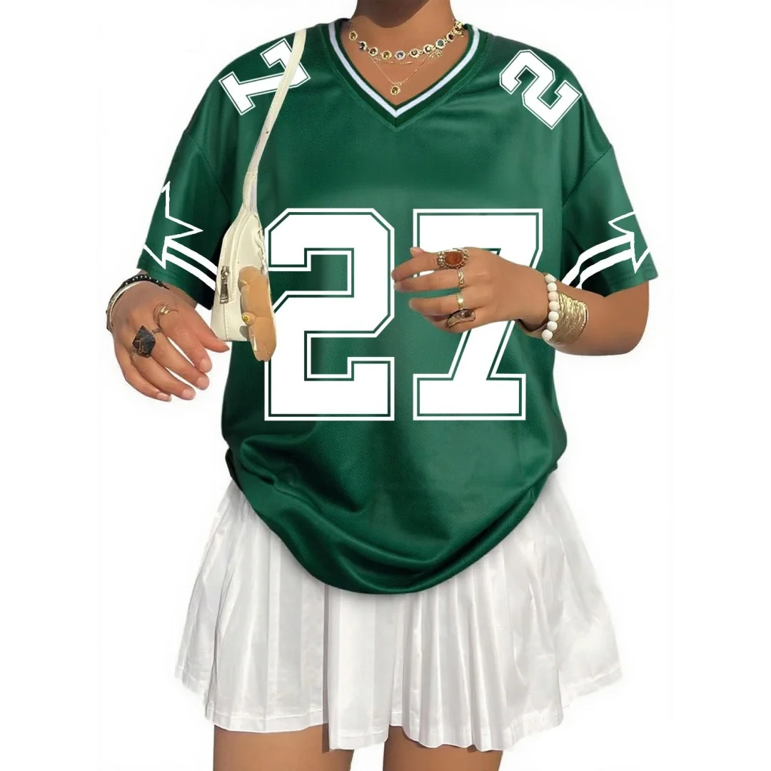 قمصان جيرسي كبيرة الحجم للنساء فضفاضة برقم جرافيك تي شيرت برقبة على شكل V Y2k ملابس الشارع الشهير قمة الموضة متجر الملابس النسائية #2