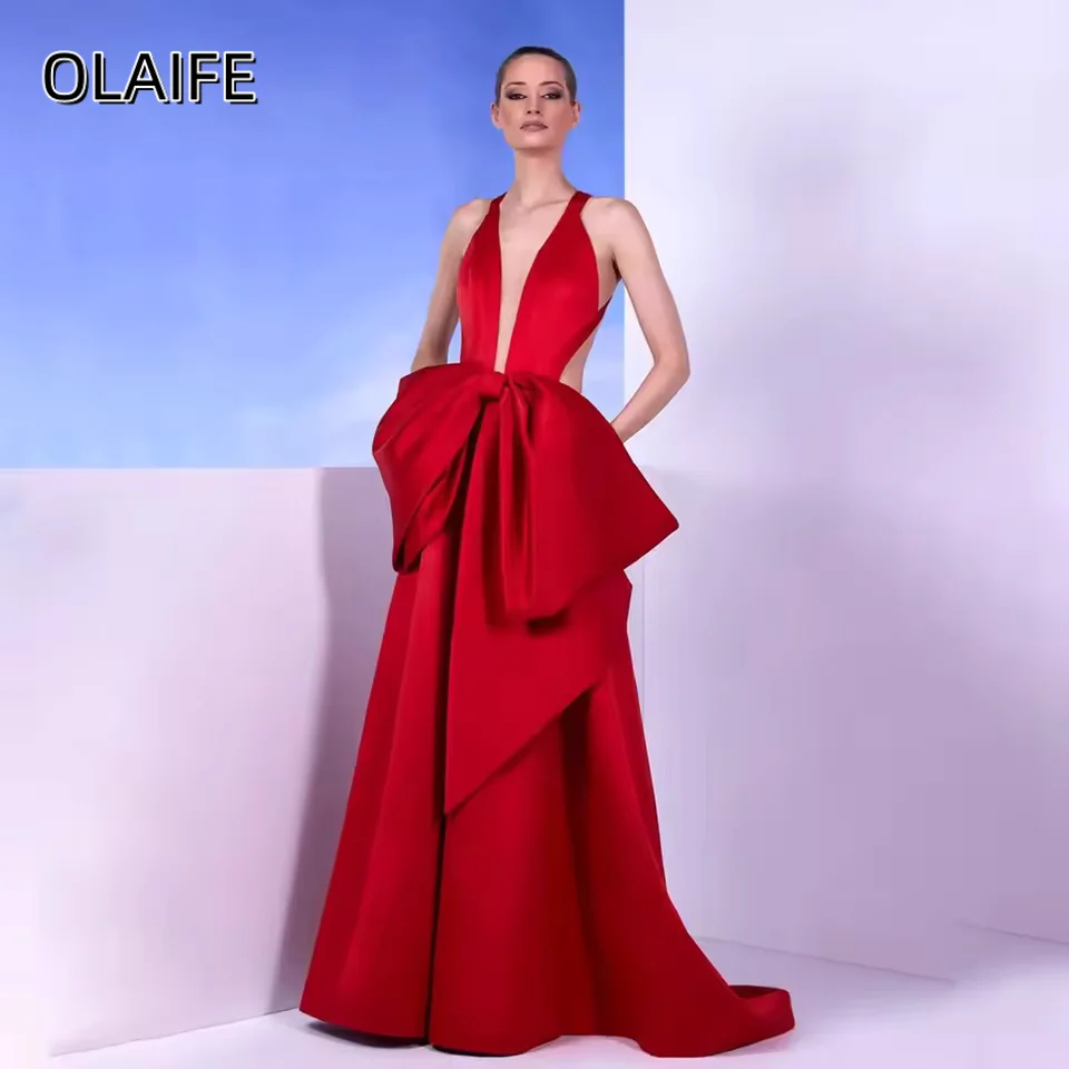 

Satin Big Fashion Bow Deep V-Neck Sleeveless A-Line Party Gowns Backless Sweep Train Customized Prom Dresses платье на выпускной
