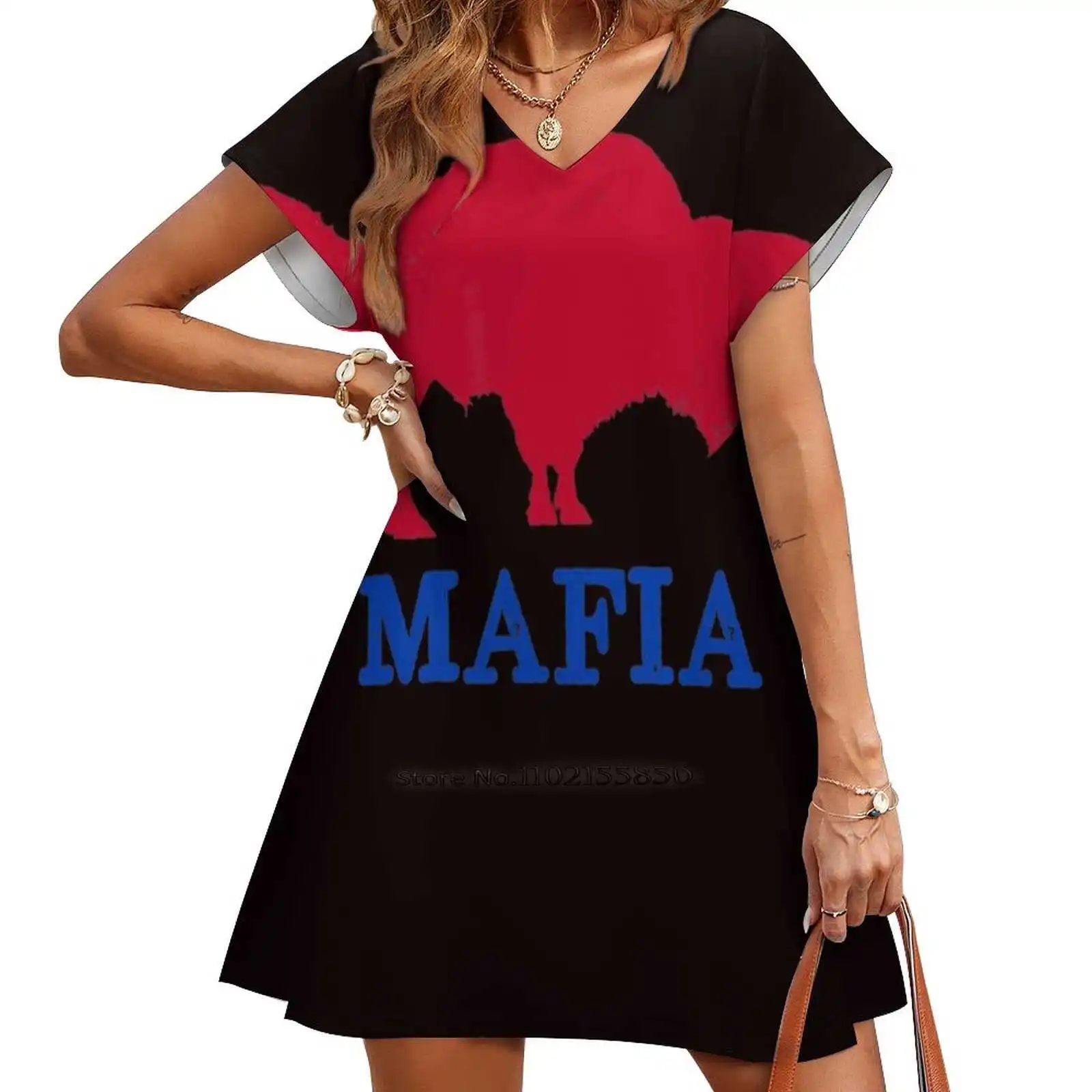 Dự Luật Mafia 716 Buffalo New York Bflo Wny Xanh Đỏ Áo Rời Bỏ Túi Áo In Hình Nữ Tay Ngắn Áo Cổ Chữ V đầm 5Xl Hóa Đơn