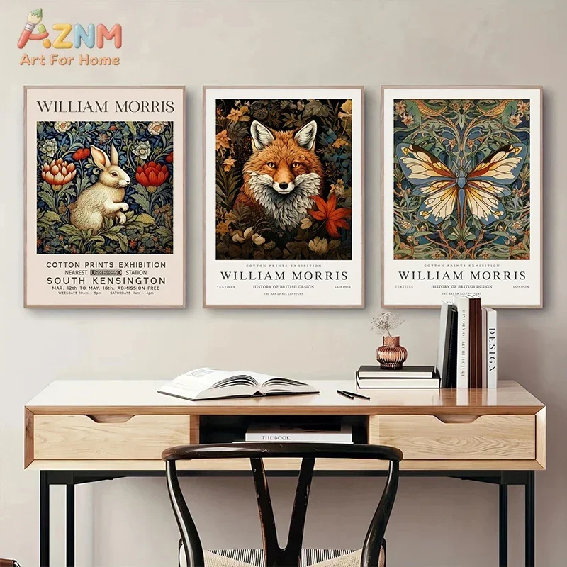 AZNM William Morris Vintage Botanical Canvas Wall Art, Fox Deer Rabbit Butterfly Forest Animal Retro Print Living Room Home Wall