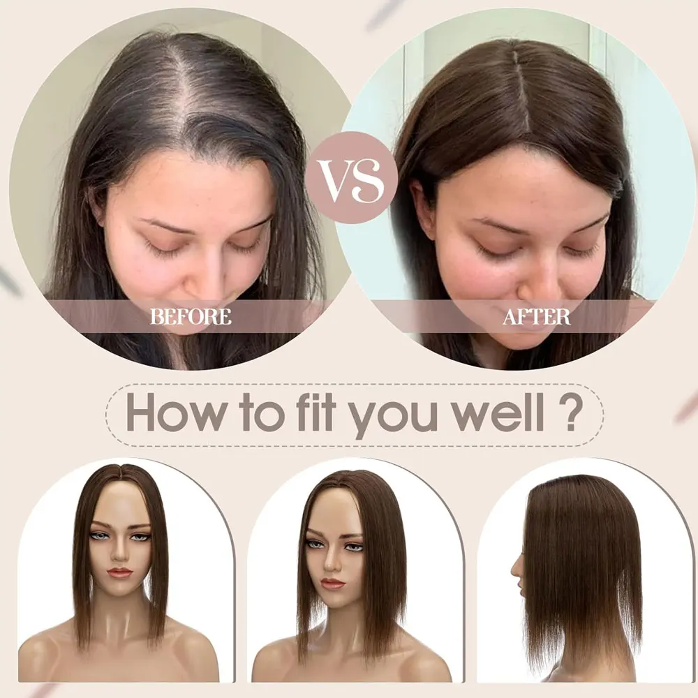 Toppers untuk wanita dengan tipis rambut manusia asli klip rambut dalam potongan rambut 12In tengah belahan sutra dasar Wig rambut palsu 3X5