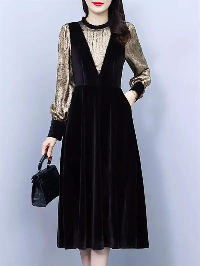 Fake Two-Piece Patchwork Velvet Dress For Women's 2024 Spring Autumn Middle-Aged Noble Stylish Mother Long Sleeve Dress Z4610