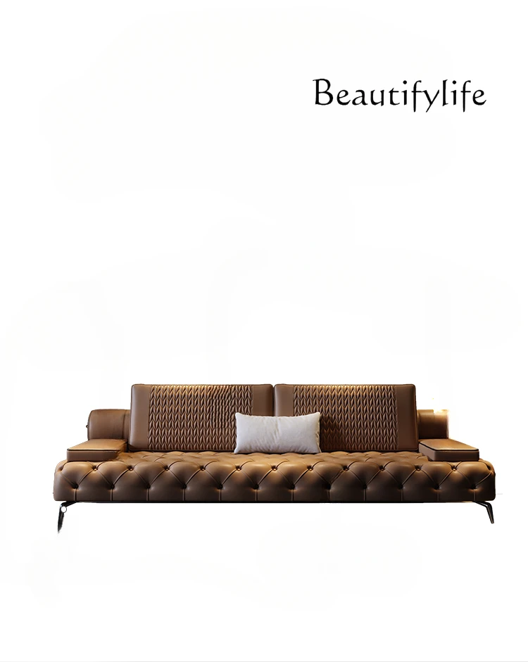 Italian-Style Light Luxury Leather Sofa First Layer Cowhide Modern Simple Straight Row Sofa Four-Seat Living Room