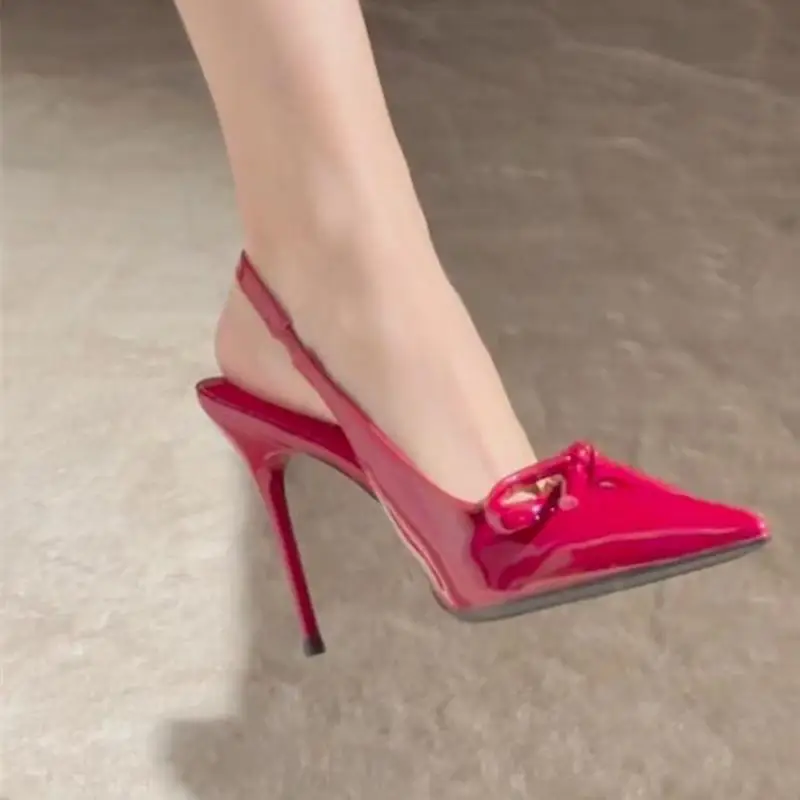

New bow wine red high-heeled shoes for women with slender heels and pointed tips, sexy and spicy girl dating, hooded sandals