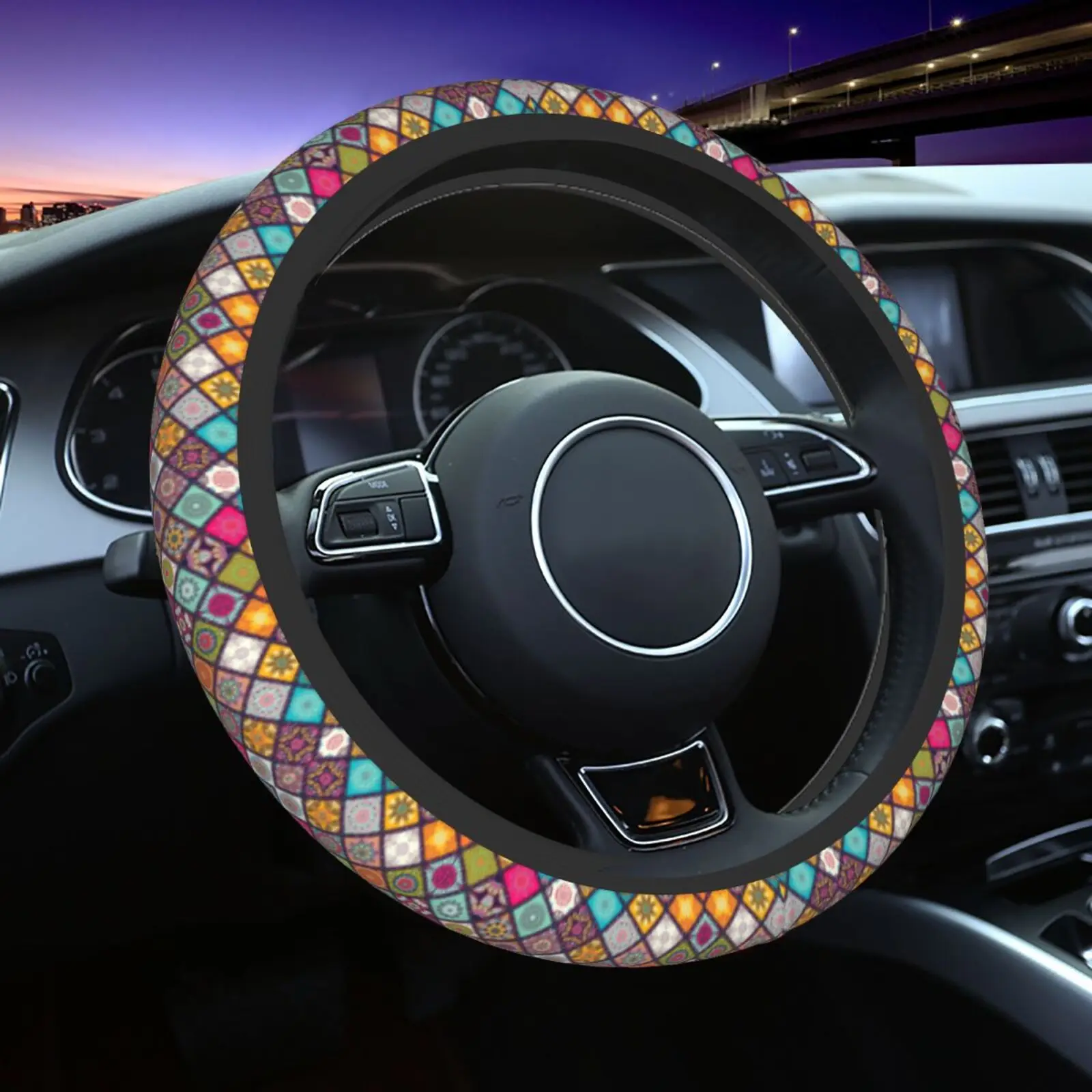 Mandala Printed Steering Wheel Cover for Automotive Parts Universal 15 Inch Chloroprene Rubber Anti Slip and Sweat Absorbing