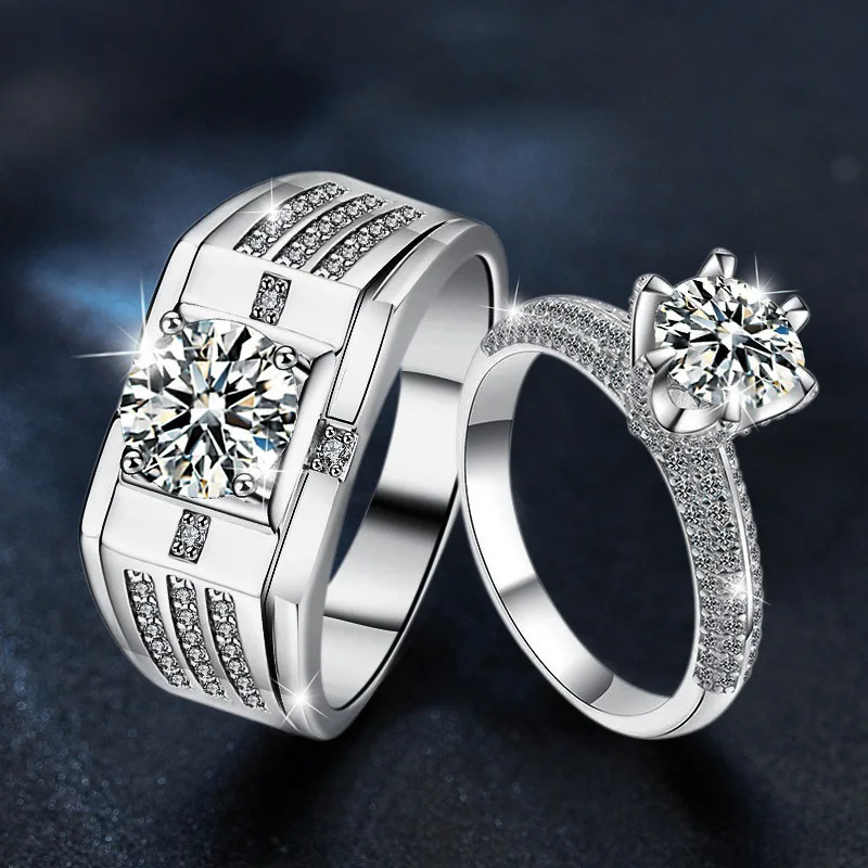 

S925 Rhodium-Plated Silver 2CT D Color Moissanite Couple's Engagement Ring | Exquisite Light Luxury Jewelry